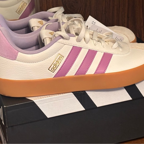 adidas Shoes - Adidas Cream Sneakers with Purple Stripes